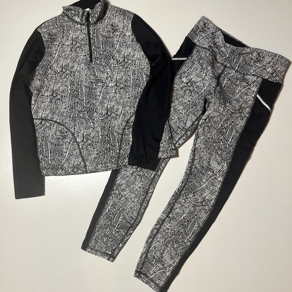 Avia Active Top & Legging Set Size M 8-10 Marbled Fleece Lined Athleisure Outfit